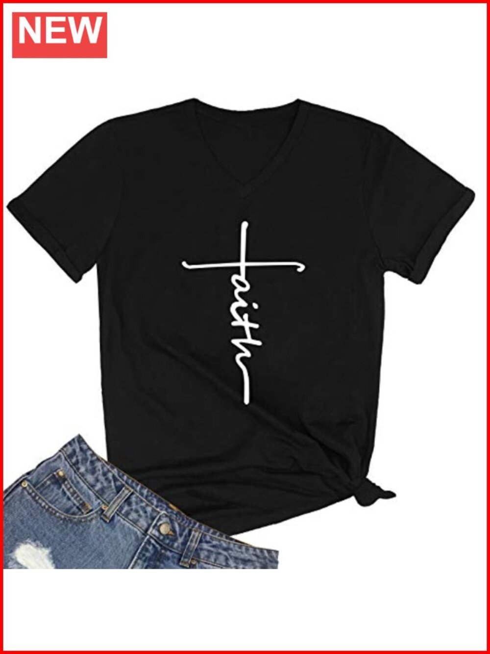 Women Faith Graphic V-Neck Cute Tee Shirt Short Sleeve Cotton Top